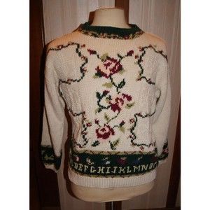 VTG Cottagecore 80 90 SKYR Sports Womens L Hand knit Sweater Floral All Over